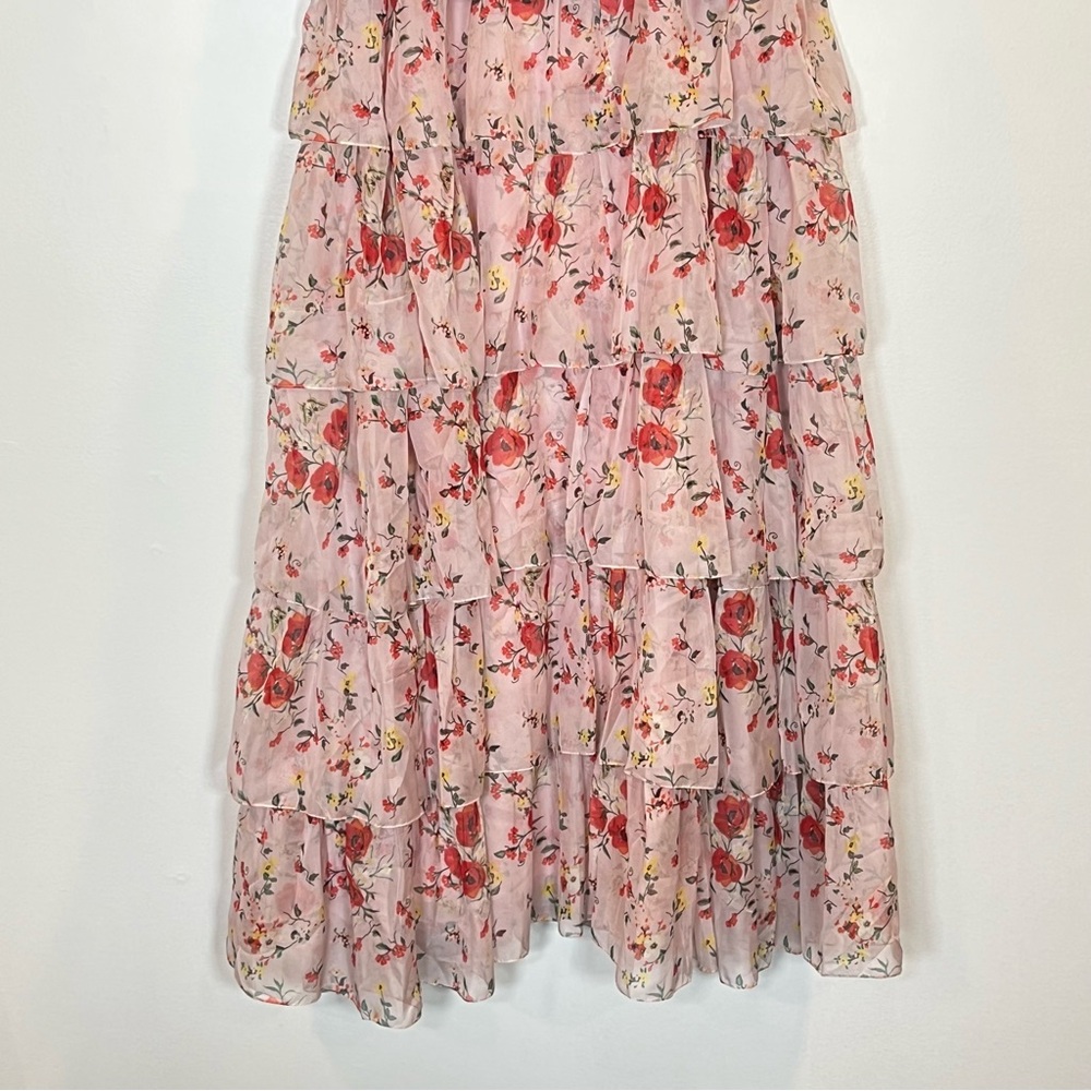 Mac Duggal 55816 Womens Pink Ruffled Sleeveless Draped Tiered Floral Print Gown - Picture 11 of 15